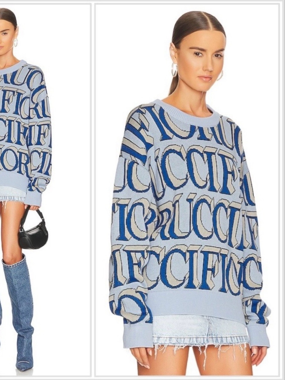 FIORUCCI Unisex Monogrammed Intarsia Knit Sweater in Blue sz Small